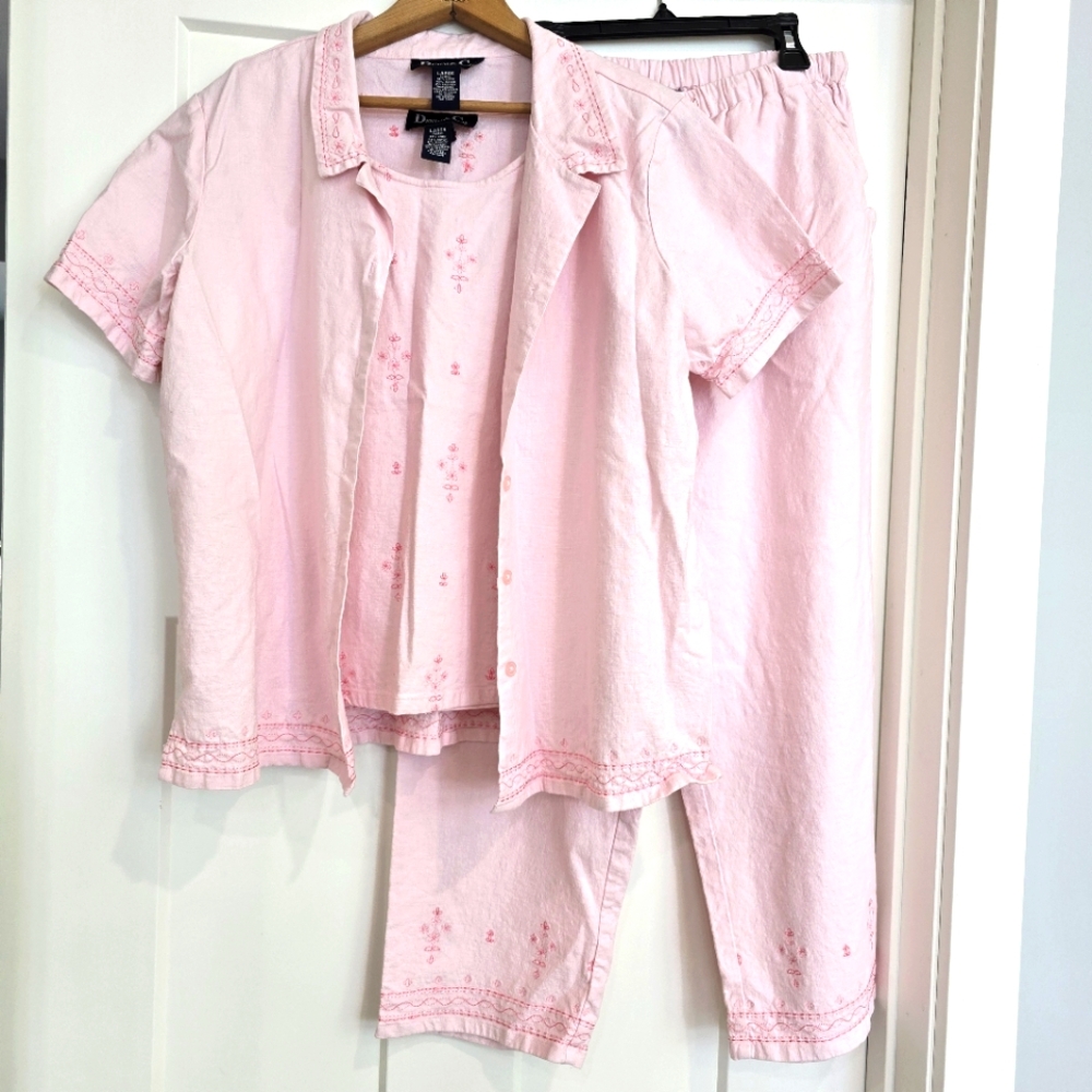 Denim & Co L Pink 3pc Outfit Shirt Pants Tanktop Linen Rayon Embroidered Floral